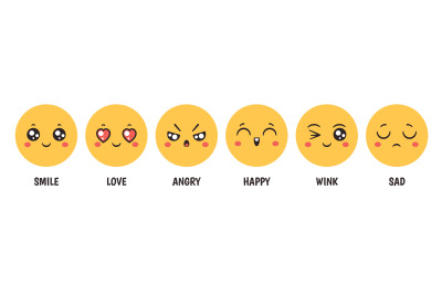 Emoticons emotions. Cartoon emoji faces with happy smile&2C; love&2C; sad&2C; a