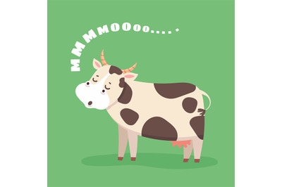 Cartoon cow. Happy farm cattle on grass field. Cute cow goes moo. Milk