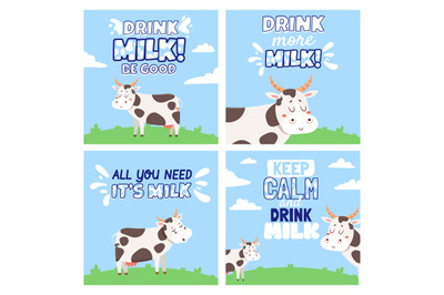 Drink cow milk. Posters with rural landscape&2C; field&2C; cows&2C; splashes an