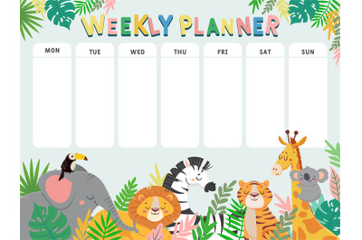 Weekly planner for kid. Child schedule for week with tropical jungle a