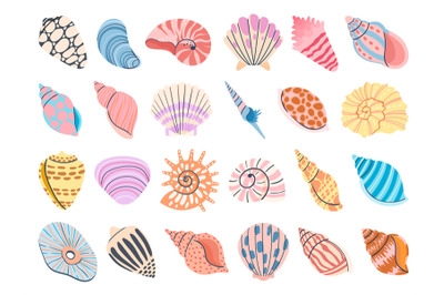 Tropical seashell. Cartoon clam, oyster and scallop shells. Colorful u