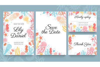 Sea wedding cards. Invitation to summer beach marriage party decorated