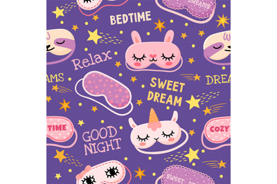 Dream mask seamless pattern. Cute pajama print with masks with girl ey