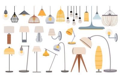 Cartoon lamps. Cozy flat torcheres, hanging chandeliers and lamp for t