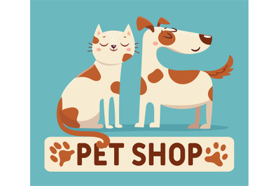 Cat and dog. Cartoon pet shop or vet store logo sign with happy animal