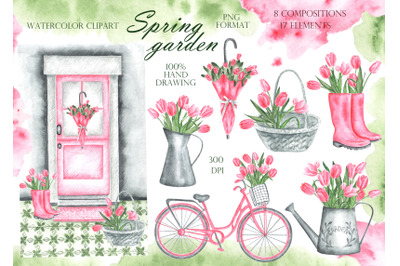 Pink tulips watercolor clipart. Tulips clipart. Spring garden