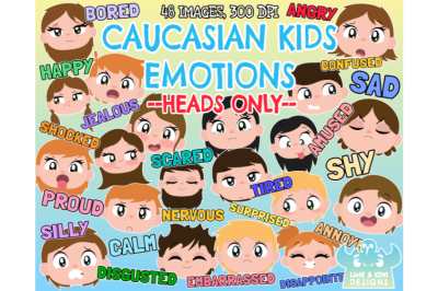 Caucasian Kids Emotions - Faces Clipart - Lime and Kiwi Designs