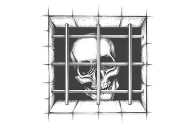 Jail Skull Tattoo in engraving style isolated on white. Vector Illustr