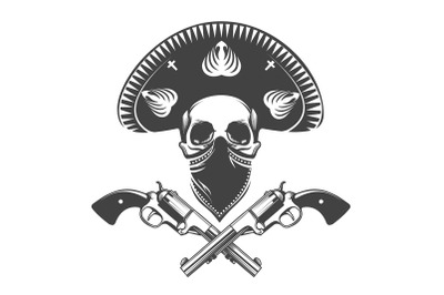 Mexican bandit skull in sombrero hat with two pistols.Tattoo isolated