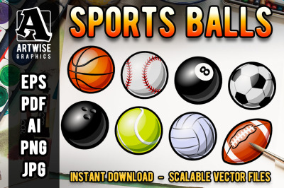 Set of Sports Balls Vector and Transparent Bitmap Files
