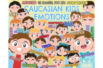 Caucasian Kids Emotions Clipart - Lime and Kiwi Designs