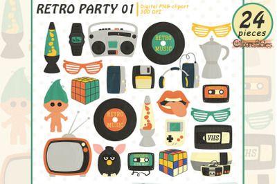 RETRO PARTY clipart, 80&#039;s, 90&#039;s, Music clip art