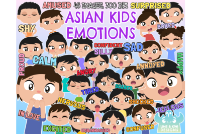 Asian Kids Emotions Clipart - Lime and Kiwi Designs