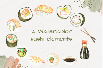 Watercolor Japanese Food Clipart, Sushi, Asian Food