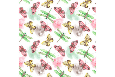 Butterflies and dragonflies watercolor seamless pattern. Insects