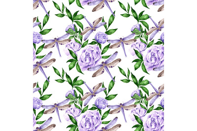 Purple dragonflies watercolor seamless pattern. Insect pattern.