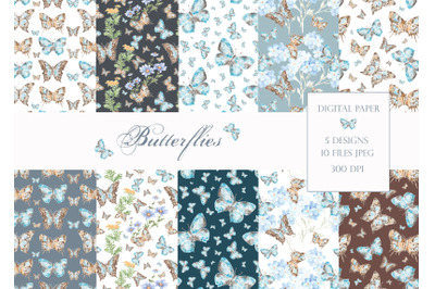 Butterfly seamless patterns. Wildflowers. Blue, brown butterflies.