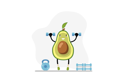 Fitness avocado in gym with dumbbells. Vector weightlifting