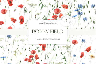 Poppy Field Watercolor Seamless Patterns