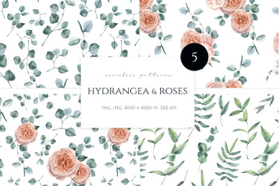 Hydrangea and Roses Seamless Patterns