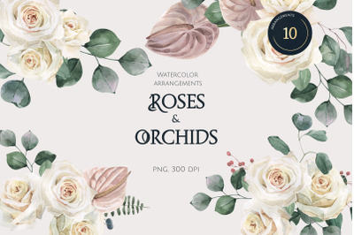 Roses and Orchids Watercolor Arrangements Set