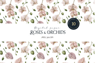 Watercolor Roses and Orchids Seamless Patterns