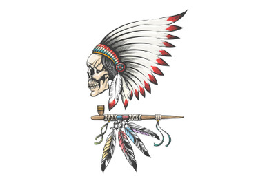 American Indian Chief Skull and Smoking Pipe