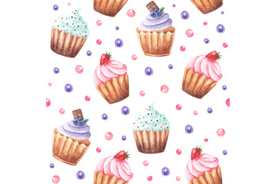 Cupcakes watercolor seamless pattern. Cakes pattern. Bakery products