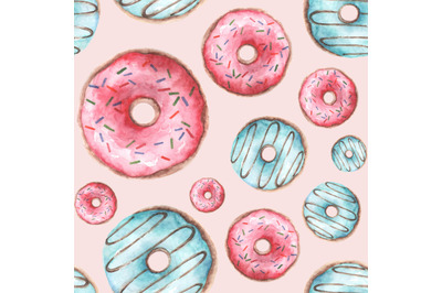 Donut watercolor seamless pattern. Pink and blue donuts. Digital paper