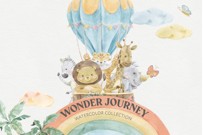 Wonder Journey. Cute Safari Baby Animals Watercolor
