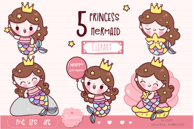 Princess mermaid clipart Digital download kawaii style