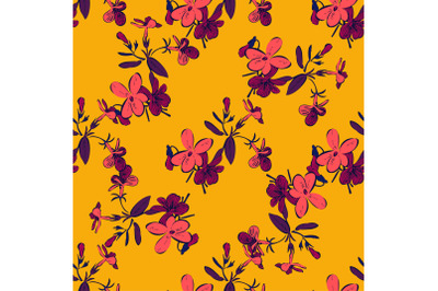 Drawing branches with flowers, bloom in pink purple yellow colors, flo