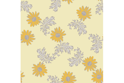 Chrysanthemum flowers drawing, bloom in yellow colors, floral seamless