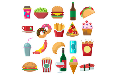 Fast food flat icons set