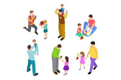 Fathers and kids. Isometric joint activity of dads and children. Vecto