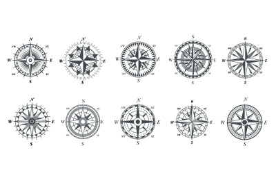 Wind rose compass. Vintage marine compasses, nautical sailing navigati