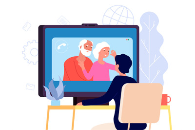 Video call with parents. Online family chat vector concept. Flat paren