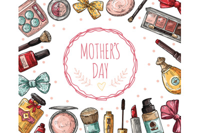 Mothers day poster with cosmetics. Eyelashes, lipstick and perfume, po