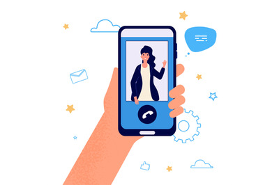 Hand hold phone. Video call illustration. Vector smartphone call. Girl