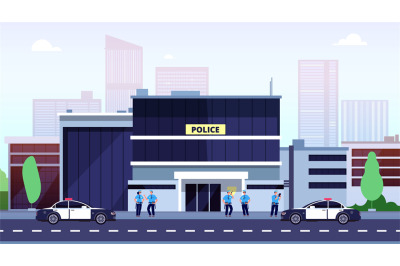 Police station. City police department building and cops. Policeman ca