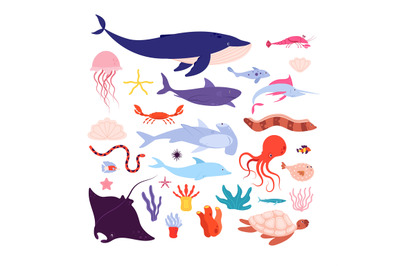 Underwater fish and animals. Cute sea animal, dolphin and jellyfish, o