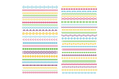 Line borders. Color pattern dividers with lines, circles and squares.