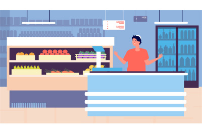 Grocery store shopping. Retail store interior and young cashier. Super