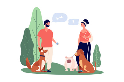 Pet owners. People walking pets, man and woman with dogs. Happy couple