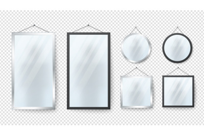 Realistic mirror. Rectangle, round reflection mirrors with metal and b