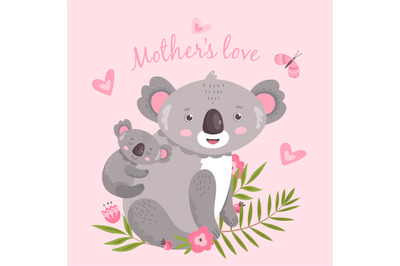 Cute koala. Animal mom hugging baby. Australia forest koalas hugs. Cut