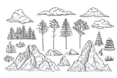 Nature landscape elements. Mount rocks&2C; trees and bush. Sketch isolate