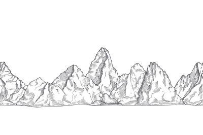 Mountain range. Outline nature drawing, pencil sketch rocky peaks pano