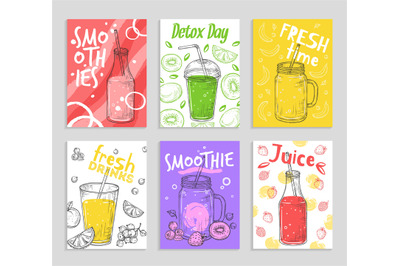 Smoothie flyers. Colorful detox juices, fresh fruit smoothies cards. V