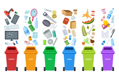 Waste bins. Flat recycling containers, bin sorting trashes. Recyclable